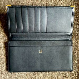 Dunhill unisex wallet. Luxurious black leather with gold accents. Slim 7x4”!